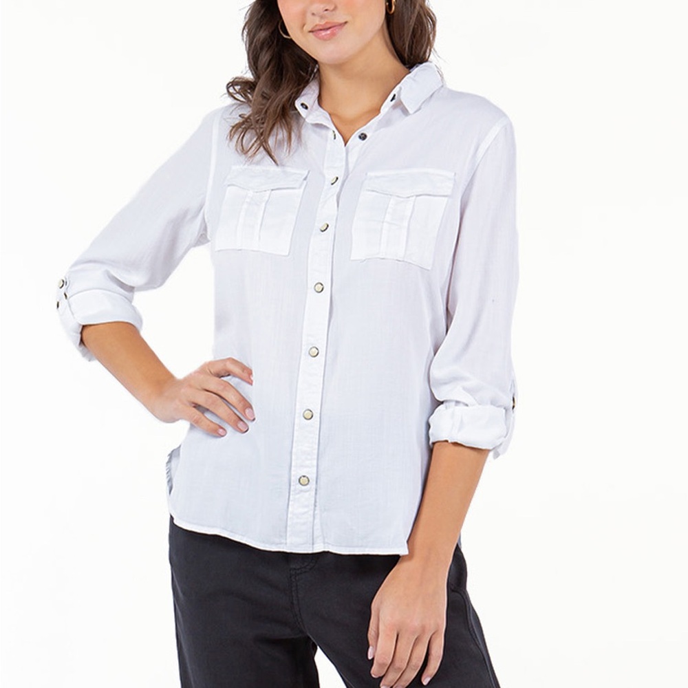Paparazzi White Cuffed Sleeve Button Down Shirt